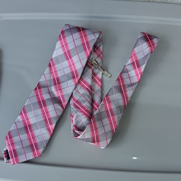 (J28) JF J.Ferrar Pink and Gray Plaid Tie - Picture 1 of 4